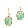 A PAIR OF JADE AND DIAMOND DROP EARRINGS in 18ct gold, each comprising a round brilliant cut diam...