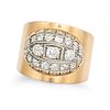 A RETRO DIAMOND DRESS RING in yellow gold, the wide tapering band set with a cluster of old cut d...