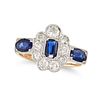 A VINTAGE, A SAPPHIRE AND DIAMOND RING in 18ct yellow gold and platinum, set with a cushion cut s...