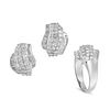 A DIAMOND EARRINGS AND RING SET in 18ct white gold, the ring set with three rows of round brillia...