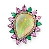 AN OPAL, PINK SAPPHIRE, EMERALD AND DIAMOND DRESS RING in 14ct yellow gold, set with a pear shape...