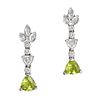 A PAIR OF PERIDOT AND DIAMOND DROP EARRINGS each set with a cluster of single cut diamonds suspen...