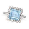 AN AQUAMARINE AND DIAMOND CLUSTER RING in 18ct white gold, set with a square step cut aquamarine ...