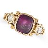 AN ANTIQUE AMETHYST AND DIAMOND RING in yellow gold, set with a cushion cut amethyst between two ...