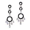 A PAIR OF ONYX, RAINBOW MOONSTONE AND DIAMOND DROP EARRINGS in platinum and 14ct yellow gold, eac...