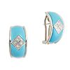 A PAIR OF TURQUOISE AND DIAMOND EARRINGS in 18ct white gold, each set with a central cluster of f...