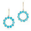 A PAIR OF TURQUOISE DROP EARRINGS in 14k yellow gold, each suspending an open circle set with rou...