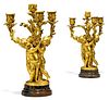 Pair Of Large 19t C. Signed French Figural Gilt Bronze FOUR Light Candelabras On Agate Base
