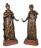 Pair of Large 19th C. Bourret Signed Bronze & Rouge Marble Statues of Queen Victoria & Elizabeth