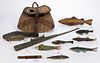 VINTAGE AMERICAN CARVED AND PAINTED WOOD ICE FISHING DECOYS, LOT OF EIGHT