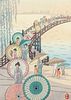 Elizabeth Eaton Burton Color Woodcut "Women with Parasols on Bridge" c1933