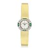 Omega 18K Gold Ladies Bracelet Watch With Diamonds and Emeralds