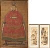 Early Chinese Ancestor Portrait Plus 2 Watercolor Landscapes