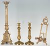 4 Gilt Bronze & Brass Items, incl. Pr. Candlesticks, Alter Torchiere, & Easel