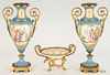 3 Bronze Mounted French Porcelain Items, Candy Dish & Urns