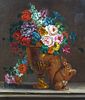  STILL LIFE OF FLOWERS IN AN URN & A SQUIRREL OIL PAINTING