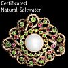 KARL ROTHMULLER (Attrib. to). CERTIFICATED NATURAL SALTWATER PEARL, RUBY AND PERIDOT BROOCH