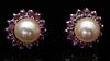Pair of 18k White Gold Pearl and Ruby Earrings