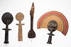 Three Carved Wood African Figures and a Woven Rattle