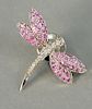 Dragonfly 14K white gold pin set with diamonds and pink stones, marked B.H.