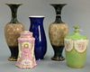 Five porcelain pieces to include Dresden porcelain covered jar (ht. 6in.), Royal Bonn gilt decorated vase, pair of Doulton Sl
