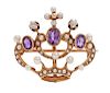 Diamond Pearl and Amethyst Crown Brooch in 14 Karat 