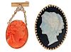 Cameo Brooches with Opal, Coral, and Diamonds in 14 Karat 