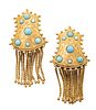 French Gold & Turquoise Earrings, Tassels, L 1.7'' 16.4g 1 Pair