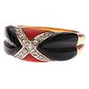 Coral and Onyx Inlay Ring with Diamonds in 14 Karat 