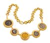 Unoaerre (Italian) Yellow Gold Necklace With Greek Silver & Gold Coins, L 26'' 160g