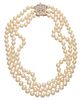 Triple-strand 9mm. Pearl Necklace, 585 Gold And Diamond Clasp, L 16'' 129g