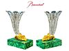 A Pair Of 19th Century Baccarat Crystal Malachite Bronze Figural Vases