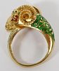 18KT YELLOW GOLD AND ENAMEL RAM'S HEAD RING