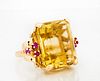 Massive Retro Citrine and Ruby Cocktail Ring in 14K Gold