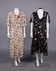 TWO PRINTED SILK & CREPE DAY DRESSES, c. 1930