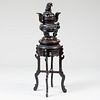 Chinese Bronze Buddhistic Lion Censer and Hardwood Stand