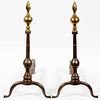PEWTER AND BRASS ANDIRONS 18TH C. PAIR