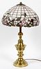 DOME SHAPE LEADED AND STAINED GLASS LAMP BRASS BASE