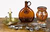 Miscellaneous lot, to include a Chestnut Grove whiskey jug, pewter spoons, a brass chamberstick