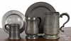 Five pieces of Continental pewter, 18th/19th c., to include a Watts & Harton engraved pint mug