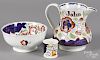 Gaudy Welsh, to include a bowl, a child's mug, and a pitcher, inscribed John Normenton, 6'' h.