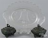 American Centennial glass platter, 9 1/2'' l., 13'' w., together with a pair of bronze covered jars
