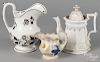 Staffordshire pitcher, 19th c., with mulberry floral decoration, together with an ironstone teapot