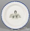 Pearlware blue feather edge plate, 19th c., with transfer decoration of Queen Adelaide, 9 1/2'' dia.