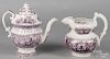 Purple Staffordshire chariot coffee pot, 10 3/4'' h., and pitcher, 8 3/4'' h.