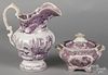 Purple Staffordshire Abbey Ruins pitcher, 10'' h., together with an Oriental covered sugar, 5 3/4'' h.