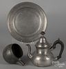 Pewter teapot, 18th/19th c., together with a plate by Robert Bush and a ladle terminal.