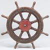 Red Painted Metal and Tin-Mounted Oak Ship's Wheel