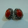 PAIR STERLING SILVER RED CORAL CABOCHON EARRINGS