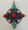 CHINESE TIBETAN STERLING SILVER CORAL LAPIS TURQUOISE PENDANT